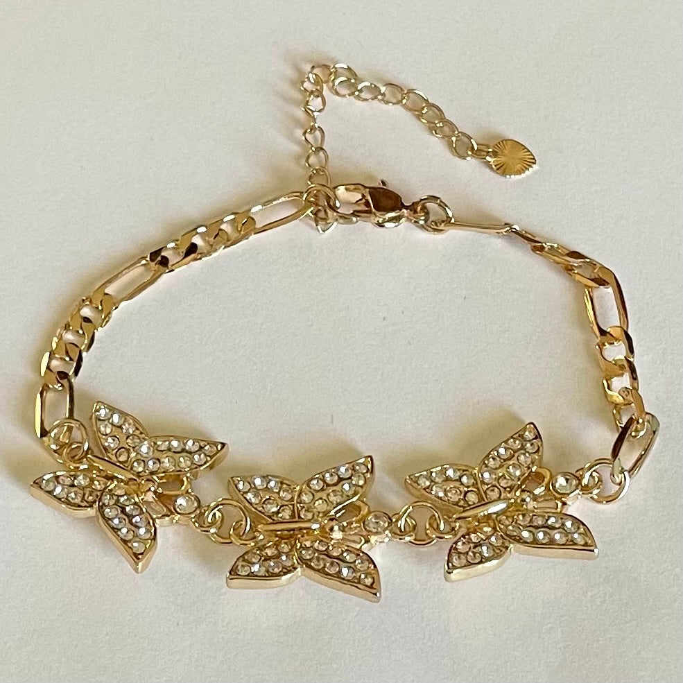 18K Gold Plated Rhinestone Butterflies Figaro Bracelet Adjustable