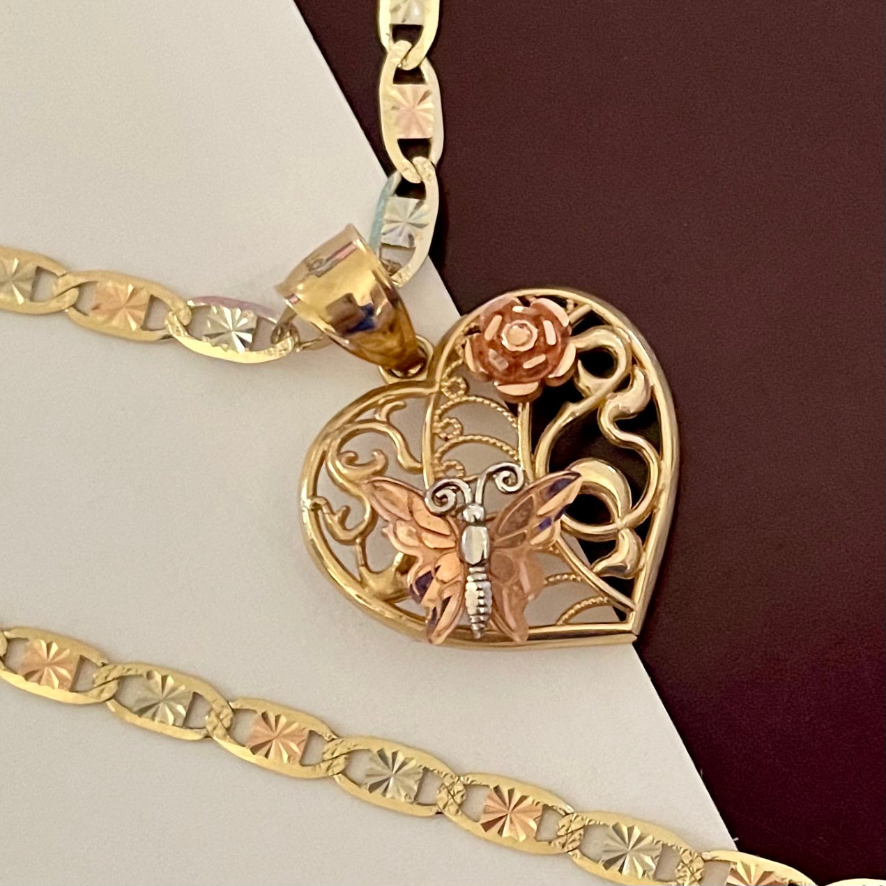 14K Gold 3-tone Heart Pendant