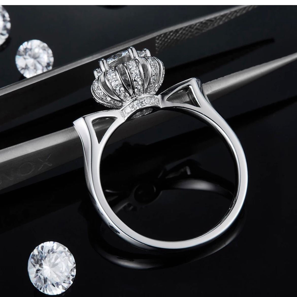 Rhodium on Silver Moissanite Diamond Ring