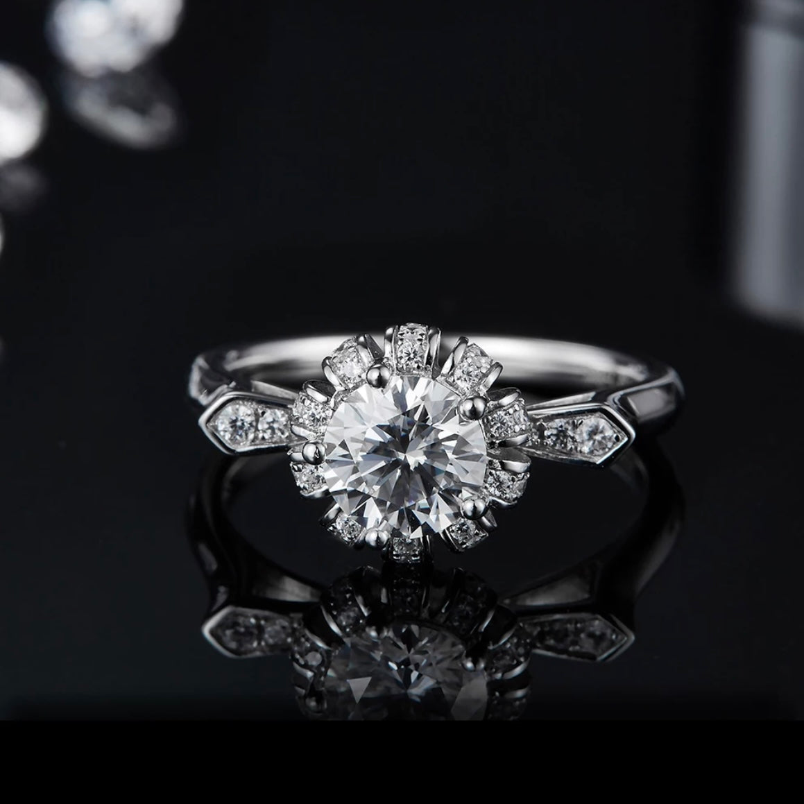 Rhodium on Silver Moissanite Diamond Ring