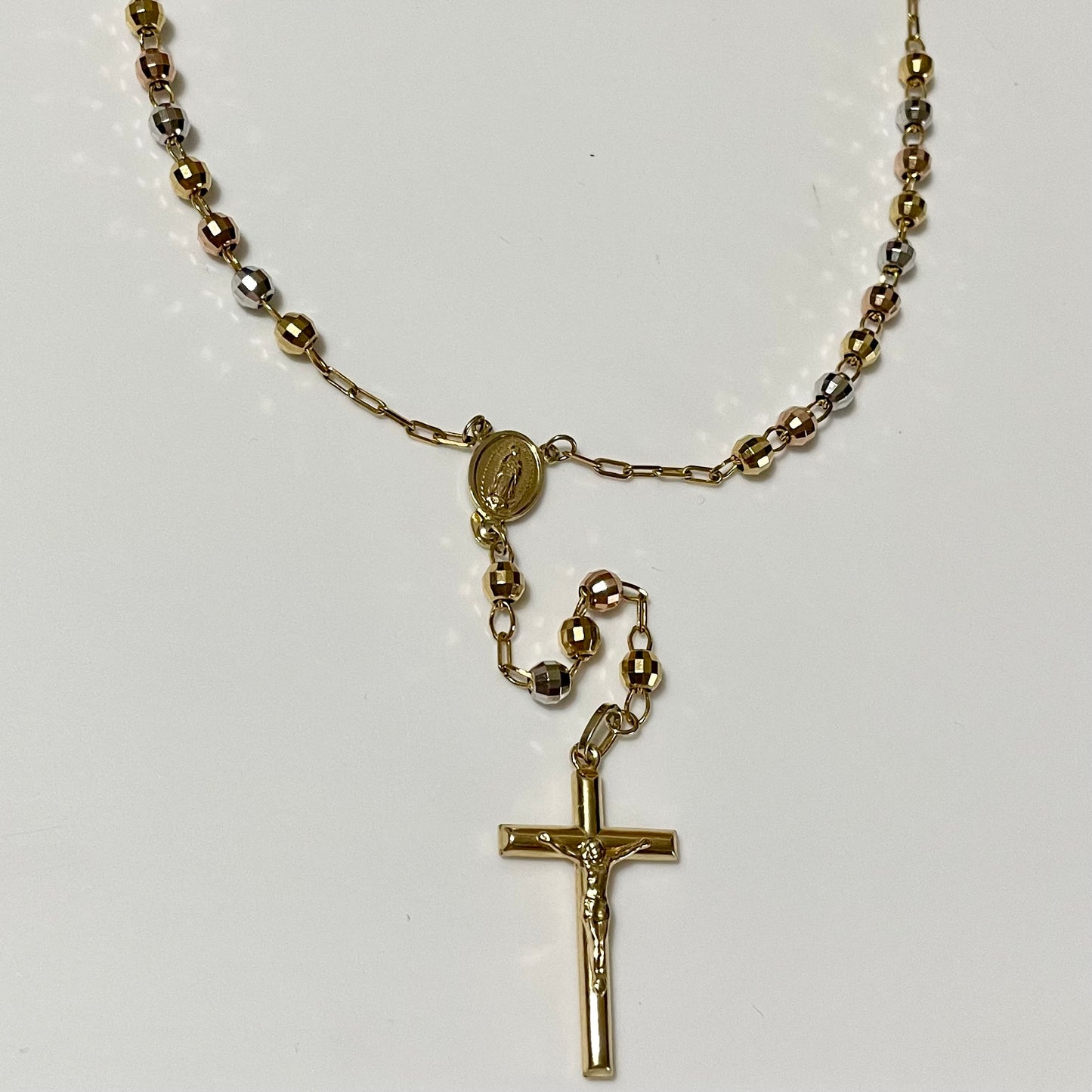 Rosary Necklace 3 tones 14K Gold, 5mm. 26 in. long