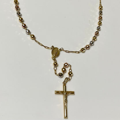 Rosary Necklace 3 tones 14K Gold, 5mm. 26 in. long