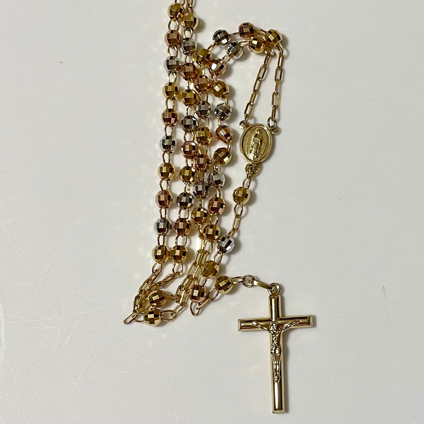 Rosary Necklace 3 tones 14K Gold, 5mm. 26 in. long
