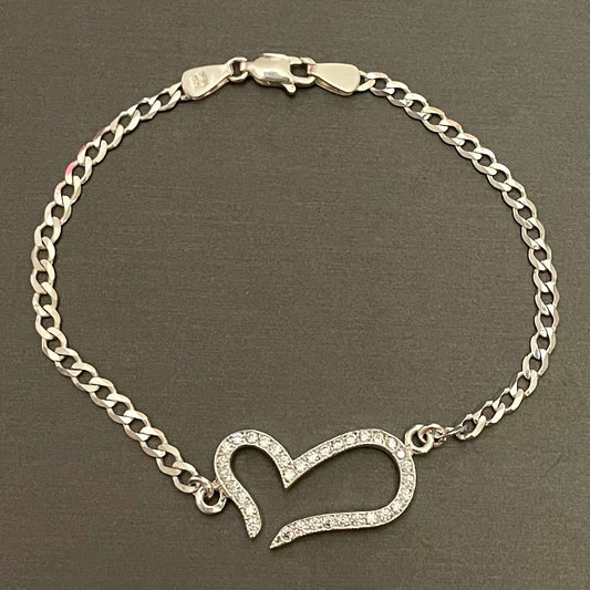 Bracelet Cuban Heart in Sterling Silver 7.25in.