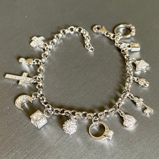 Bracelet with charms, Rhodium Over Silver