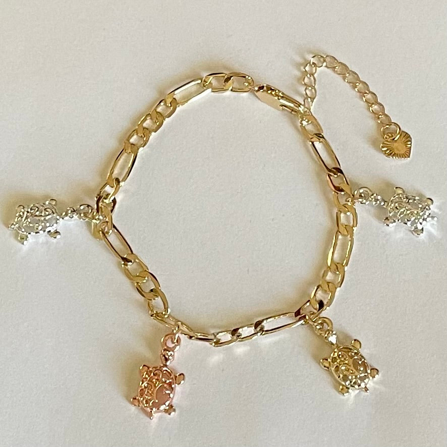 18K Gold Plated Turtles Figaro Bracelet Adjustable