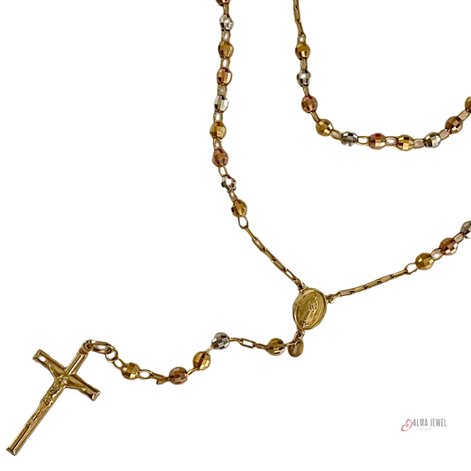 Rosary Necklace 3 tones 14K Gold, 5mm. 26 in. long