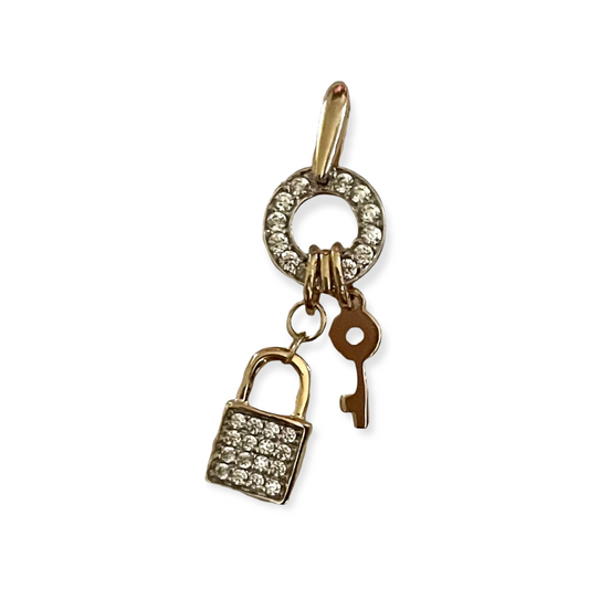 14K 2 tone Gold padlock and key pendant
