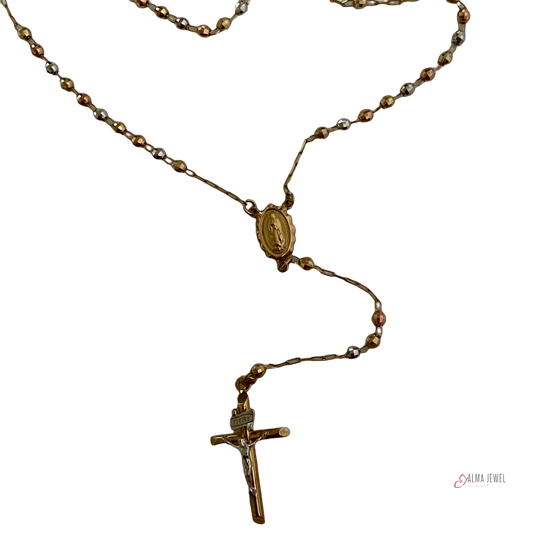 Rosary Necklace 3 tones 14K Gold, 3mm. 20 in. long